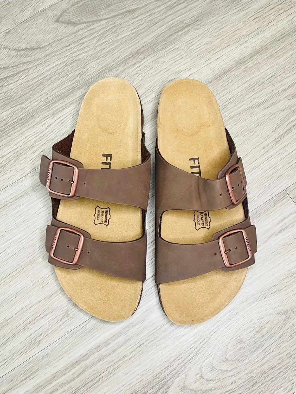 Fitory Sandals Mens Size 10 Brown Slide Adjustable Buckle Leather Comfort Casual